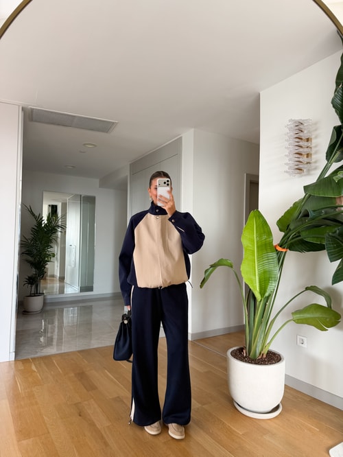 Navy Blue Beige Contrast Tracksuit Set