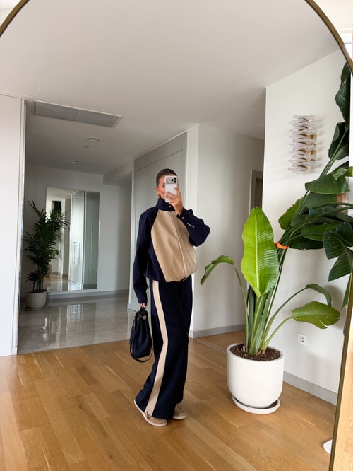 Navy Blue Beige Contrast Tracksuit Set