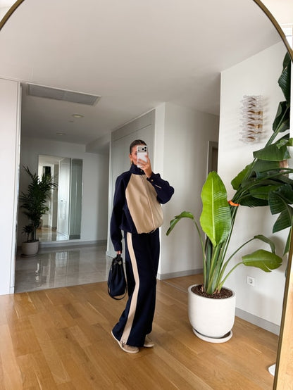 Navy Blue Beige Contrast Tracksuit Set