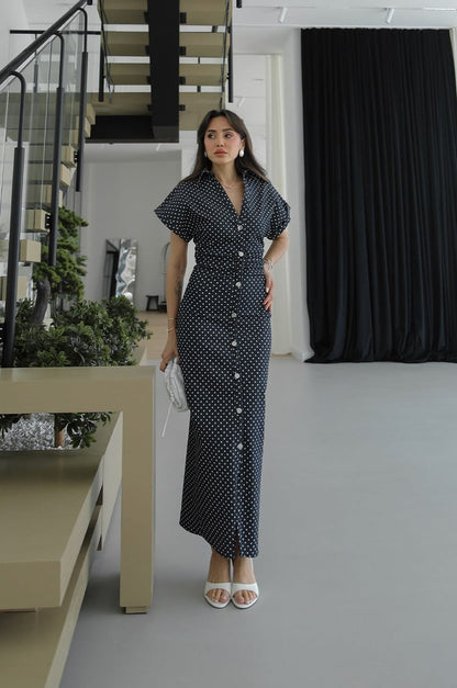 Navy Blue Polka Dot Denim Dress with Draped Waist