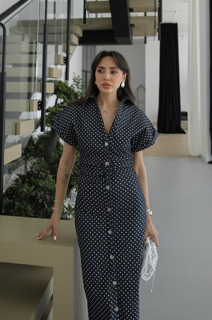 Navy Blue Polka Dot Denim Dress with Draped Waist