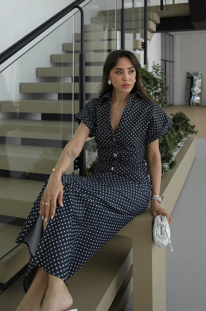 Navy Blue Polka Dot Denim Dress with Draped Waist