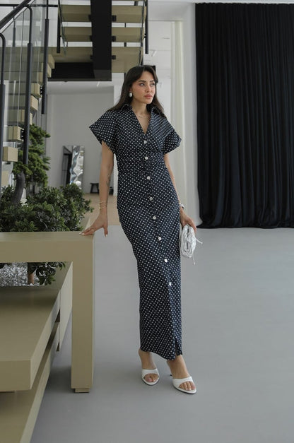 Navy Blue Polka Dot Denim Dress with Draped Waist
