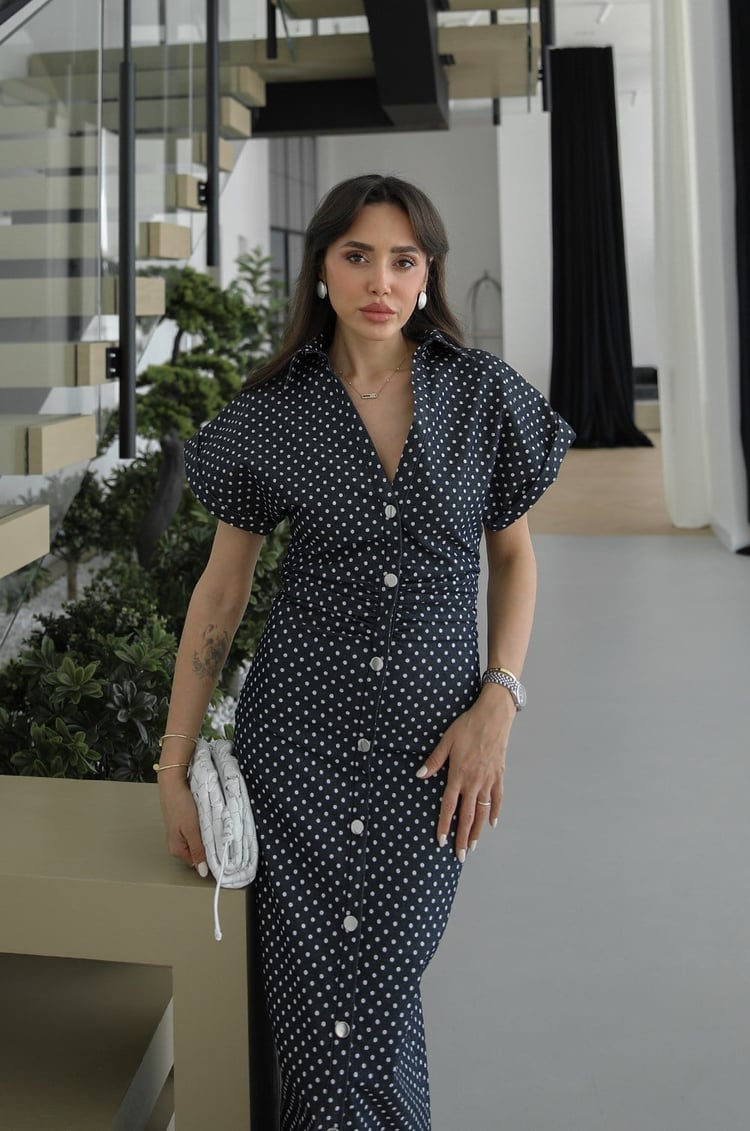 Navy Blue Polka Dot Denim Dress with Draped Waist