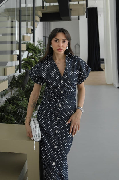 Navy Blue Polka Dot Denim Dress with Draped Waist