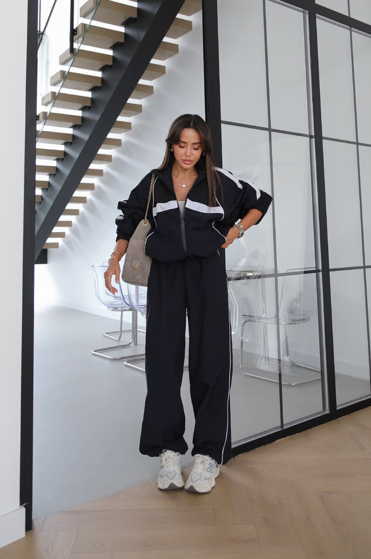 Navy Block Color Parachute Fabric Tracksuit Set