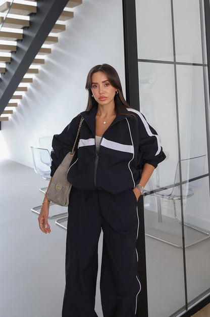 Navy Block Color Parachute Fabric Tracksuit Set