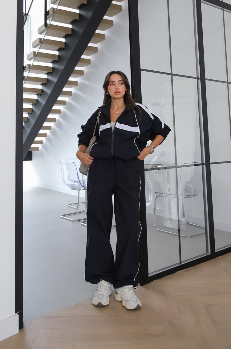 Navy Block Color Parachute Fabric Tracksuit Set