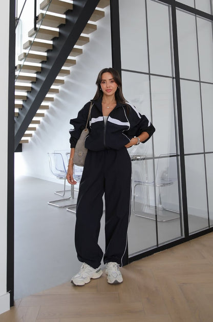 Navy Block Color Parachute Fabric Tracksuit Set