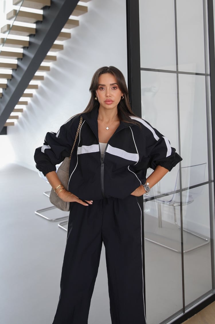 Navy Block Color Parachute Fabric Tracksuit Set