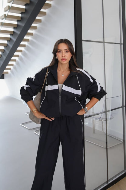 Navy Block Color Parachute Fabric Tracksuit Set