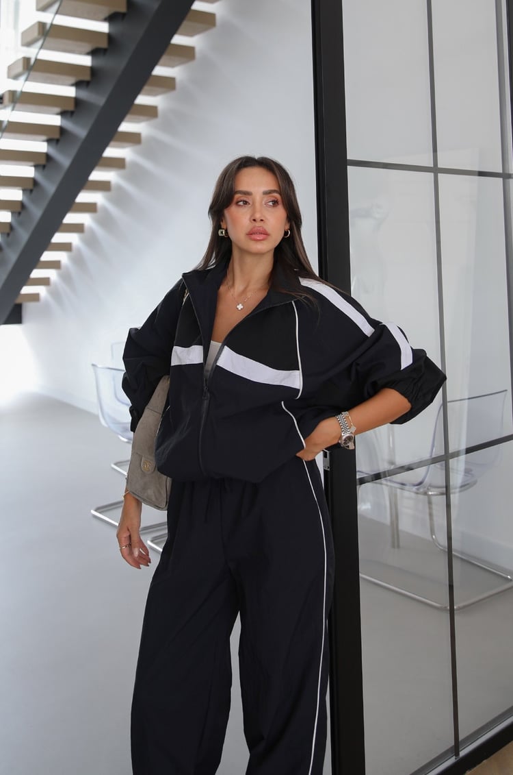 Navy Block Color Parachute Fabric Tracksuit Set