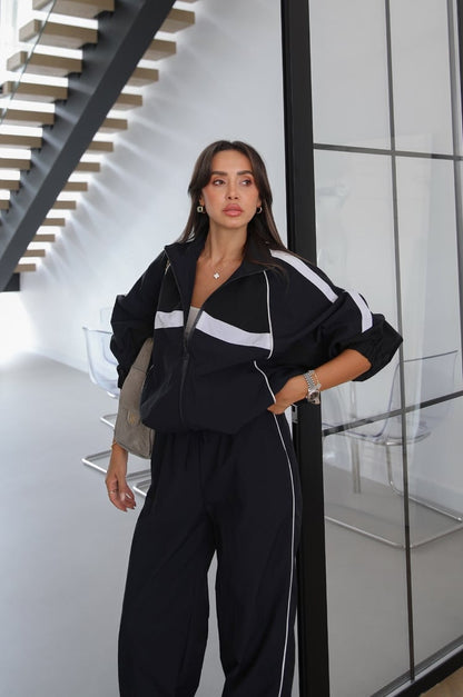 Navy Block Color Parachute Fabric Tracksuit Set