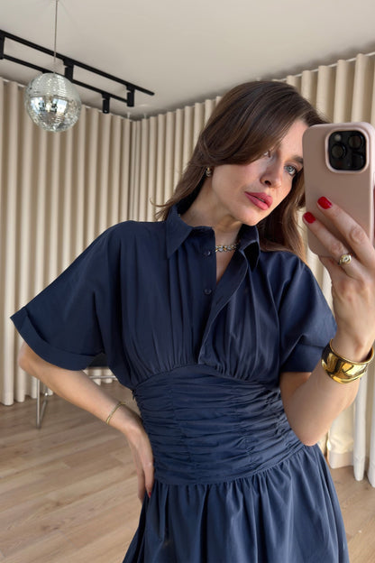 Navy Blue Shirt Collar Draped Waist Dress