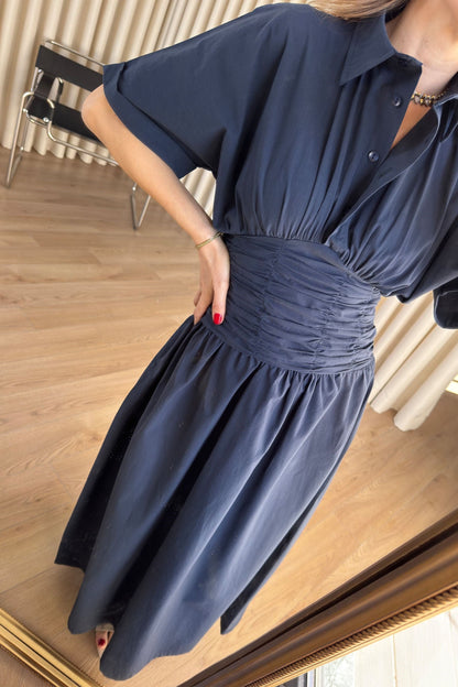 Navy Blue Shirt Collar Draped Waist Dress