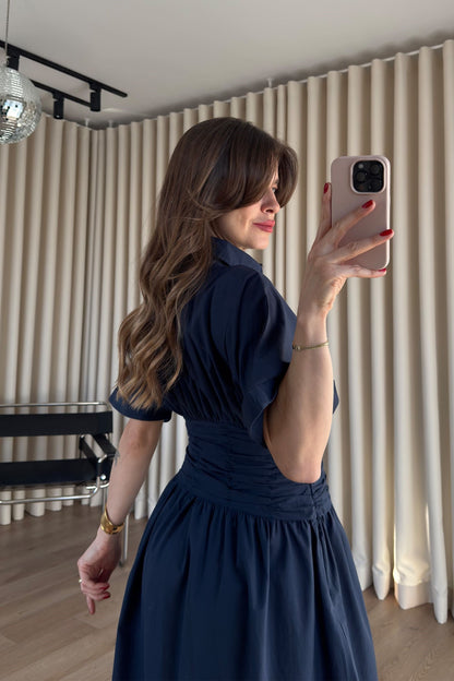 Navy Blue Shirt Collar Draped Waist Dress