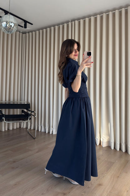 Navy Blue Shirt Collar Draped Waist Dress