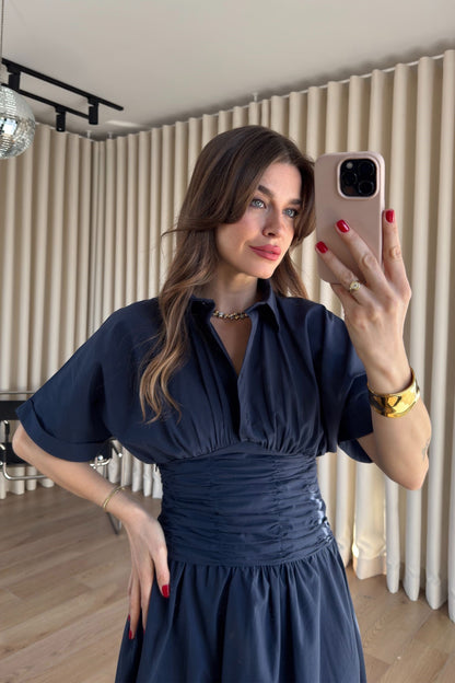 Navy Blue Shirt Collar Draped Waist Dress