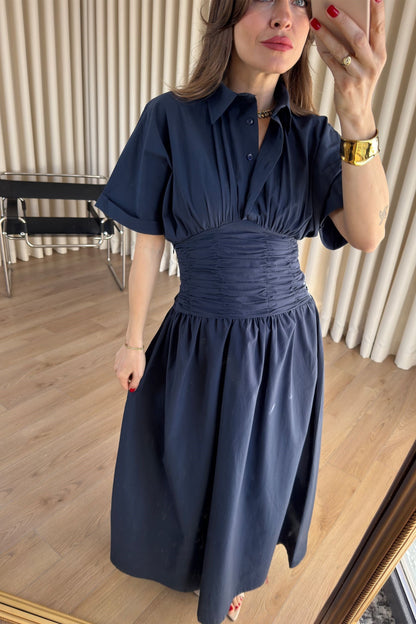 Navy Blue Shirt Collar Draped Waist Dress