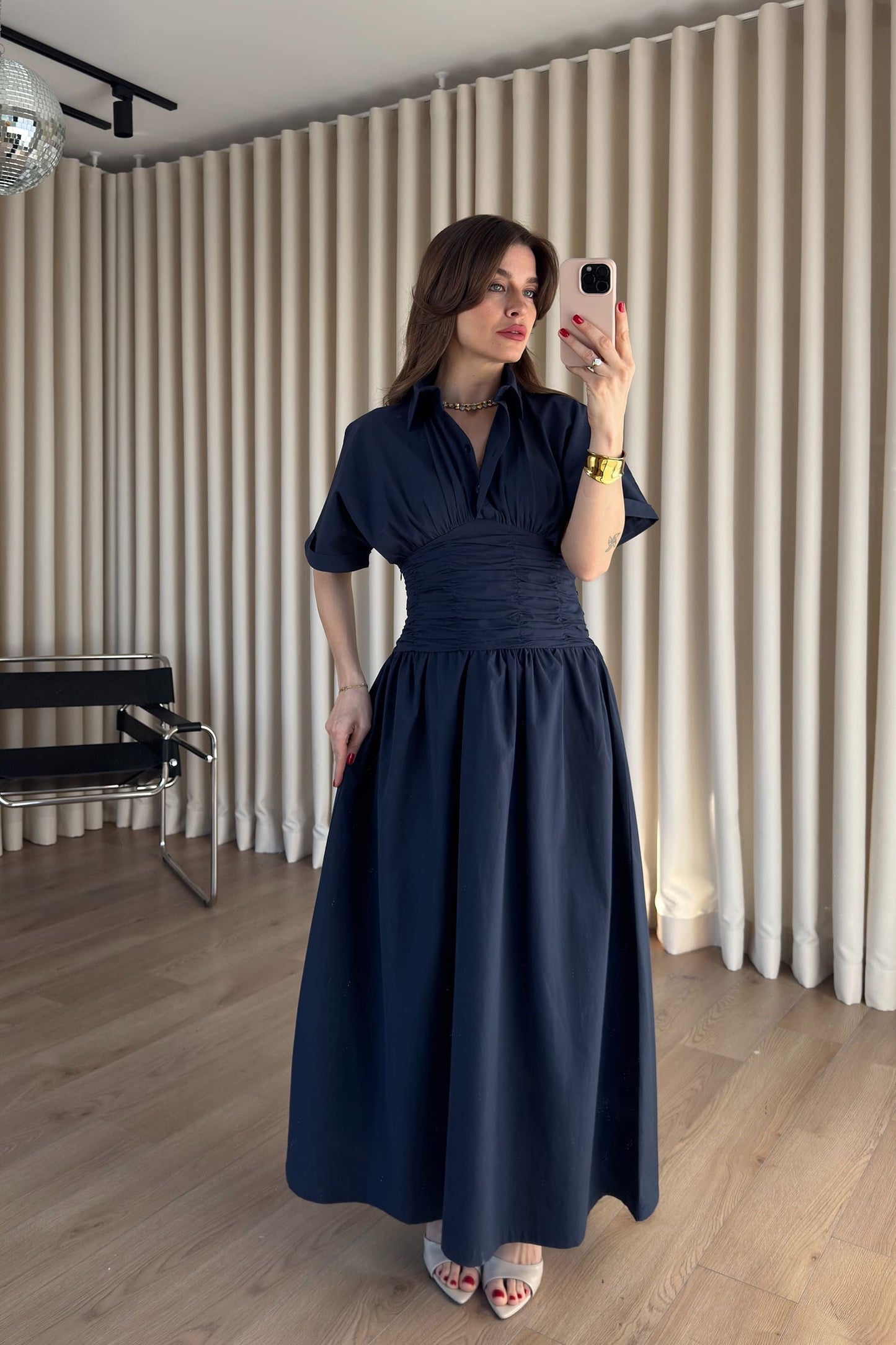 Navy Blue Shirt Collar Draped Waist Dress