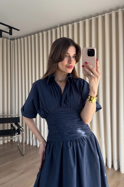 Navy Blue Shirt Collar Draped Waist Dress