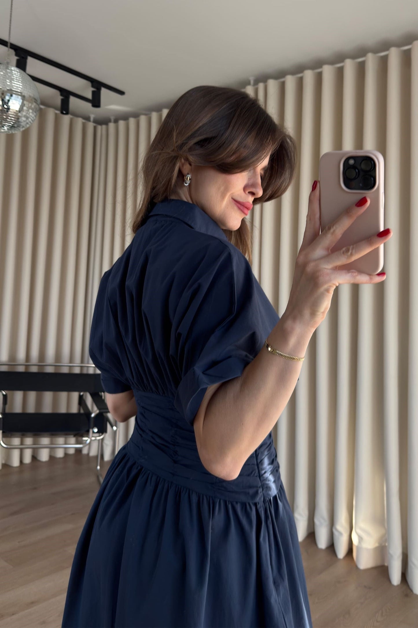 Navy Blue Shirt Collar Draped Waist Dress