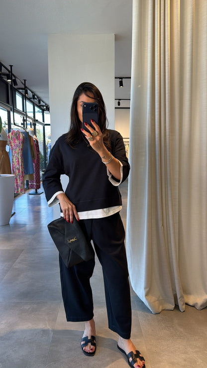 T-shirt Detail Sweatshirt Pants cotton Set -navy blue