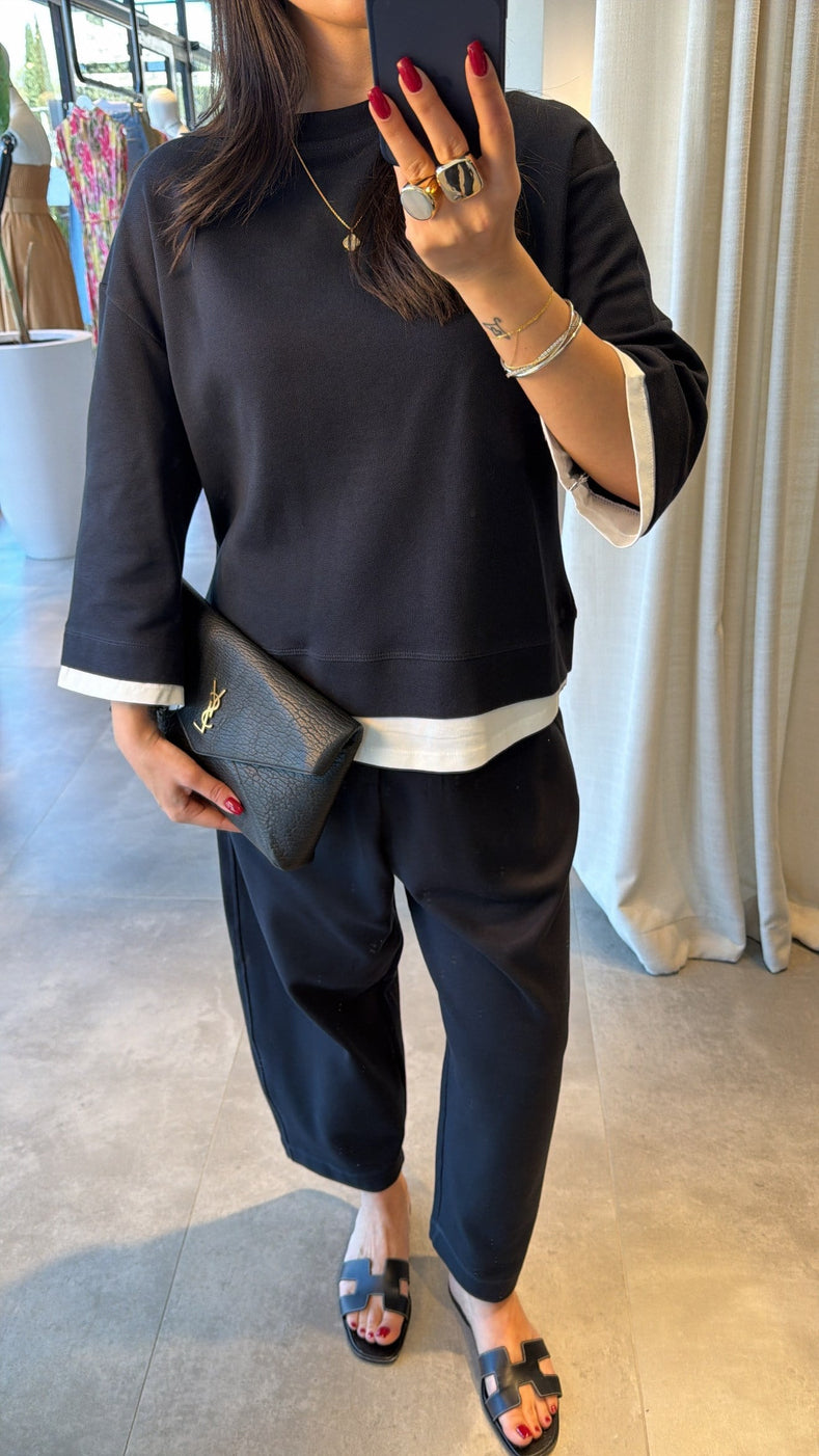T-shirt Detail Sweatshirt Pants cotton Set -navy blue