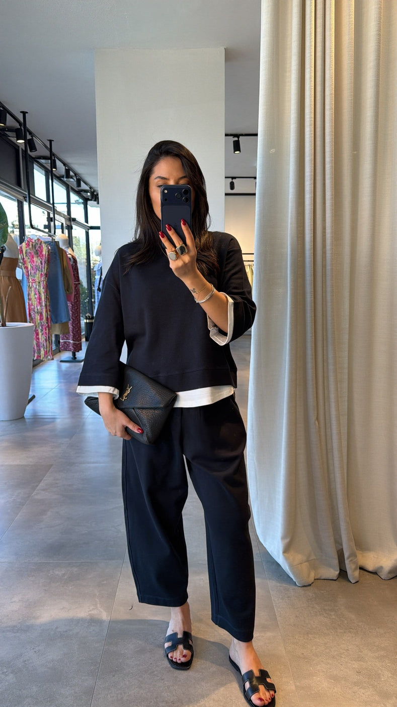 T-shirt Detail Sweatshirt Pants cotton Set -navy blue