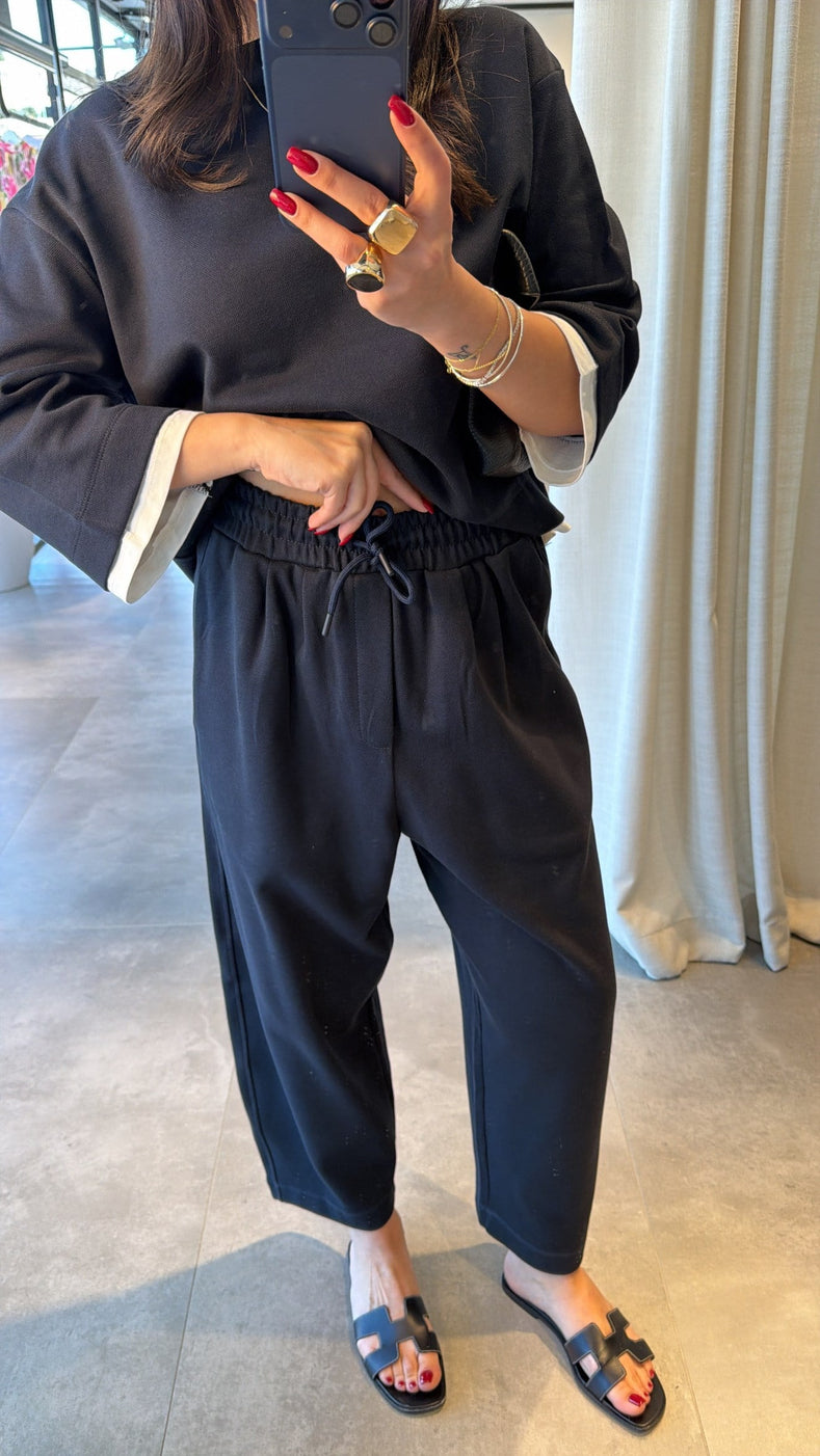 T-shirt Detail Sweatshirt Pants cotton Set -navy blue