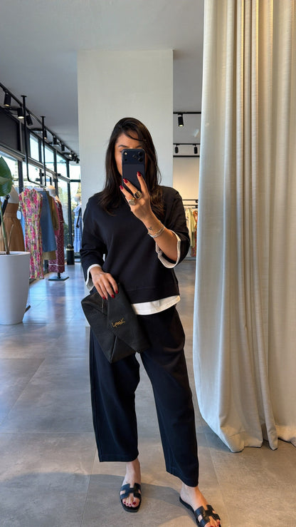 T-shirt Detail Sweatshirt Pants cotton Set -navy blue