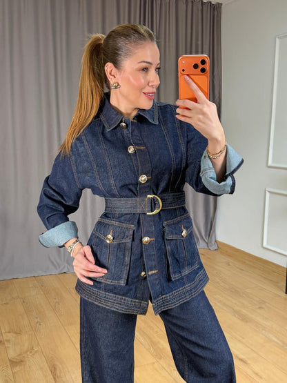Gold Buttoned Belted Suit