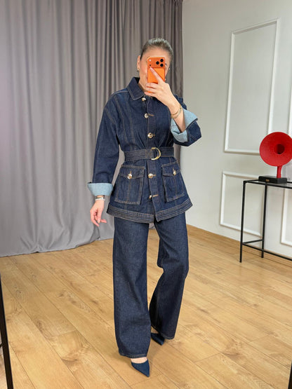 Gold Buttoned Belted Suit