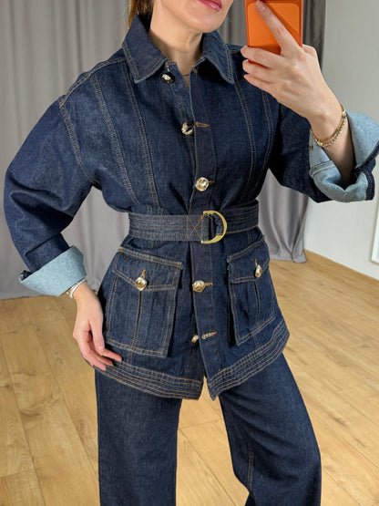 Gold Buttoned Belted Suit