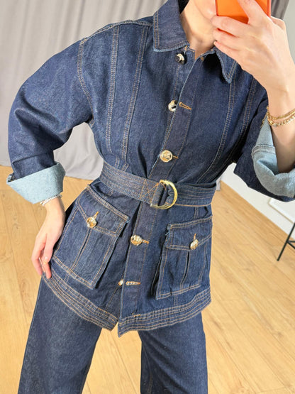 Gold Buttoned Belted Suit