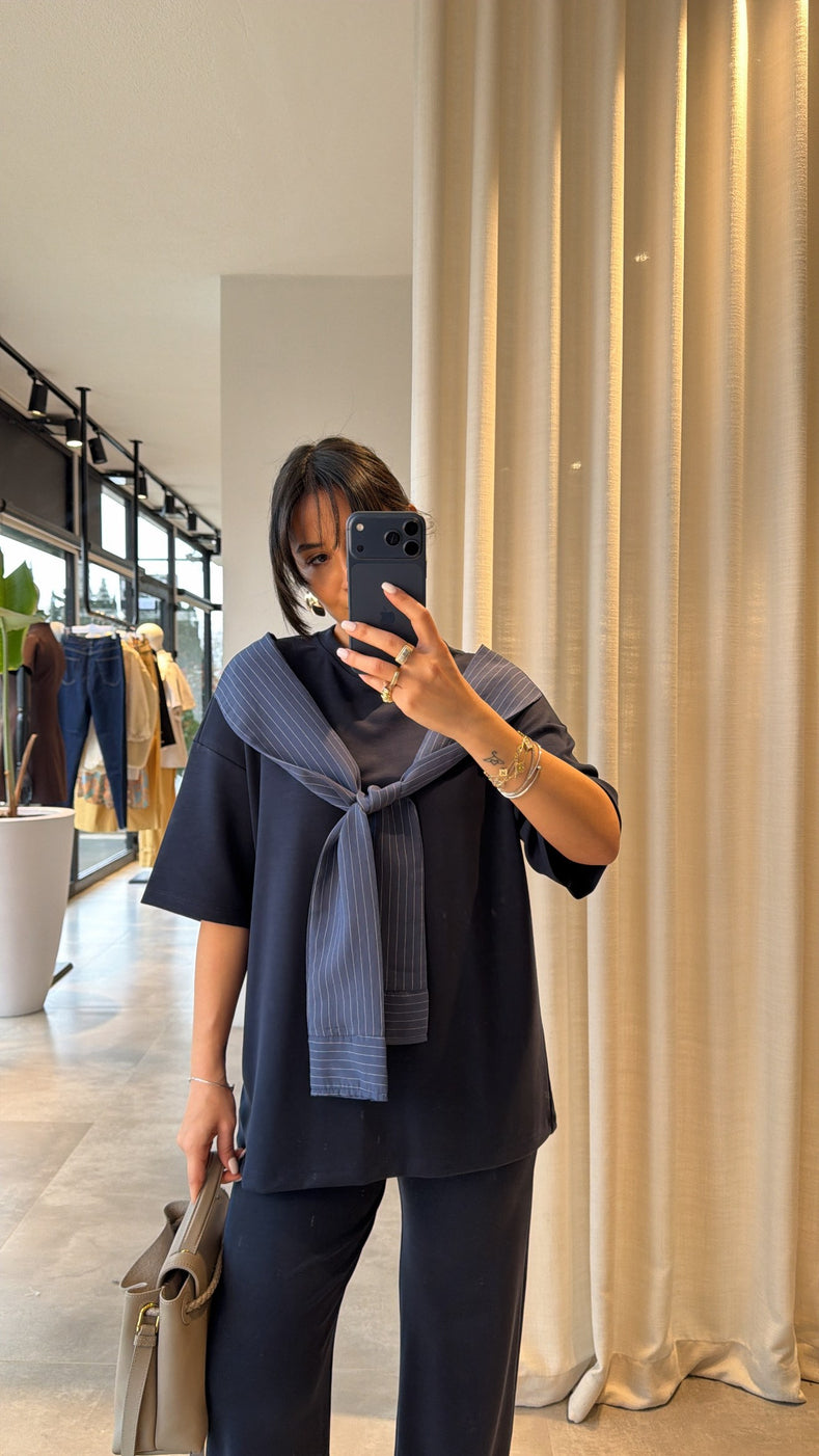 Oysho fabric tracksuit with poplin fabric scarf detail-navy blue