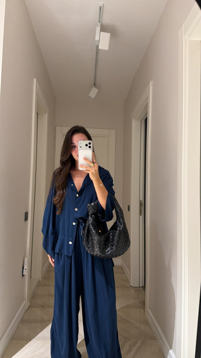 Navy Blue Silver Buttoned Poncho Set