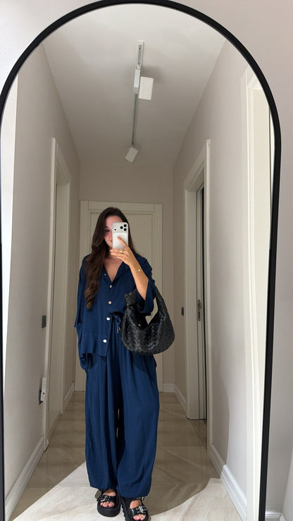 Navy Blue Silver Buttoned Poncho Set