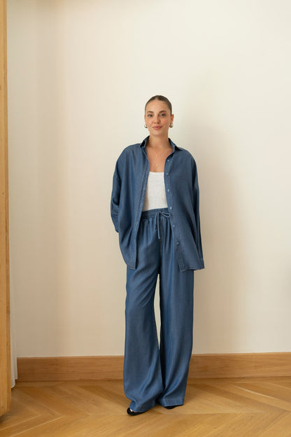 Dark Blue Tencel Oversize Shirt and Pants Set