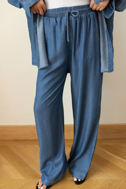 Dark Blue Tencel Oversize Shirt and Pants Set
