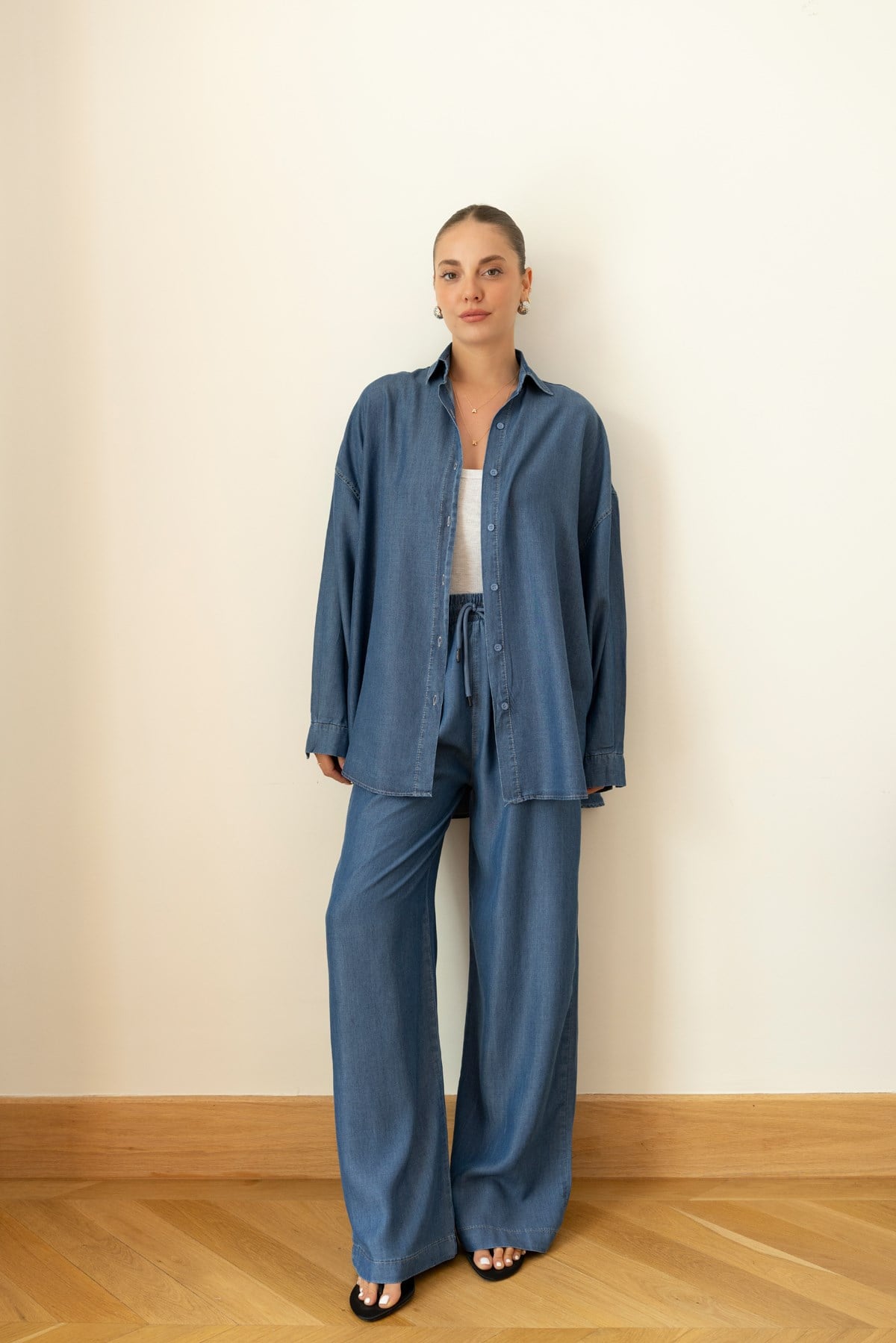 Dark Blue Tencel Oversize Shirt and Pants Set