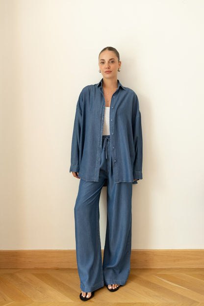 Dark Blue Tencel Oversize Shirt and Pants Set