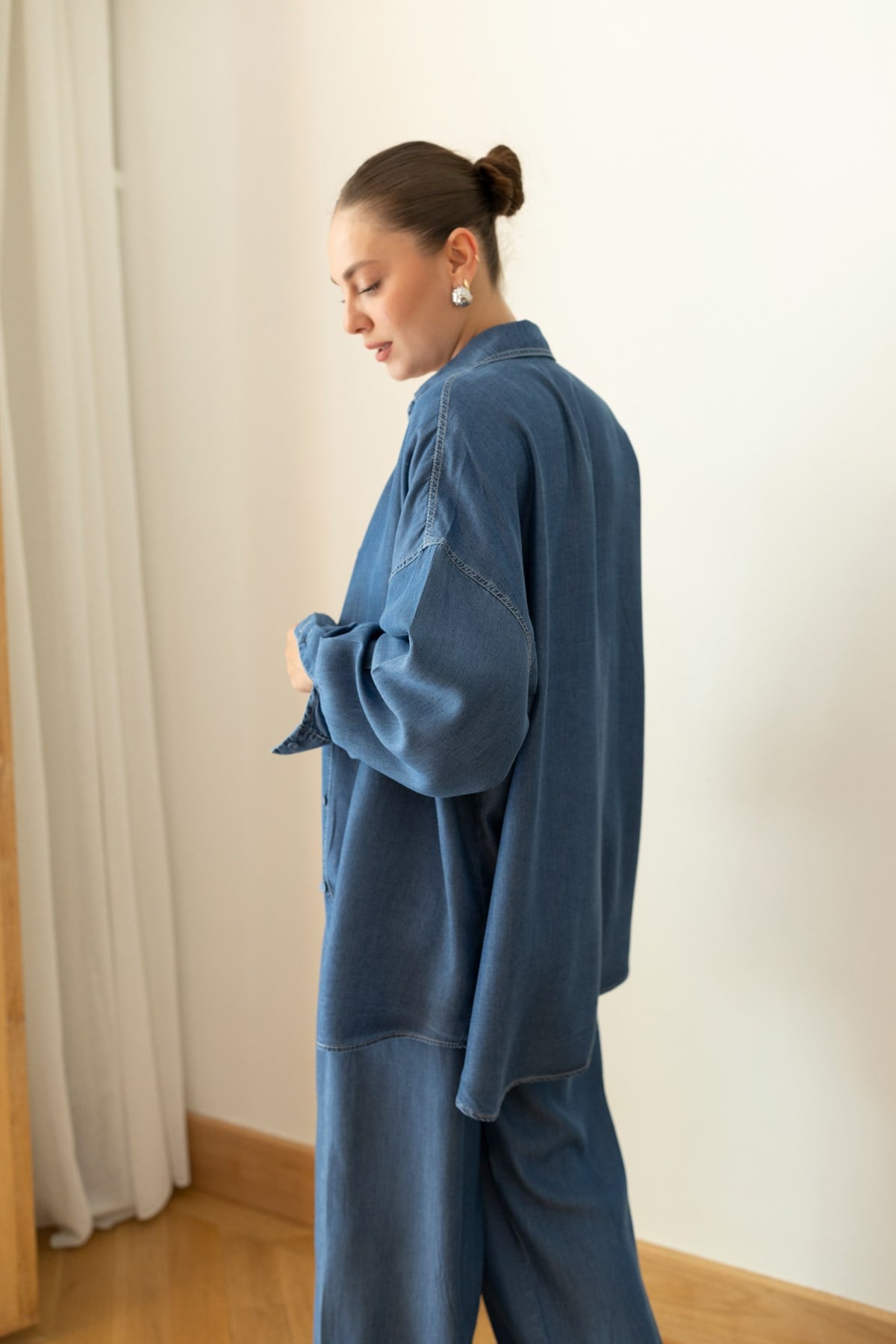 Dark Blue Tencel Oversize Shirt and Pants Set