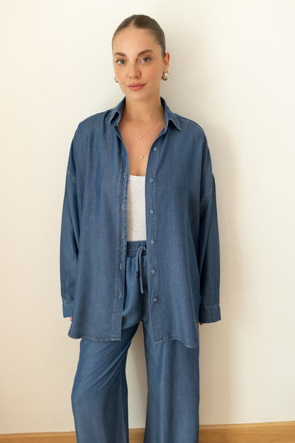 Dark Blue Tencel Oversize Shirt and Pants Set