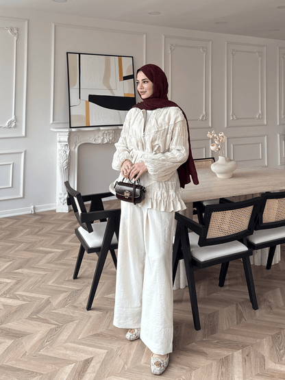 belted zipper crinkle jacket ,waistband wide leg trouser co-ord set