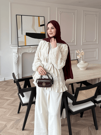 belted zipper crinkle jacket ,waistband wide leg trouser co-ord set