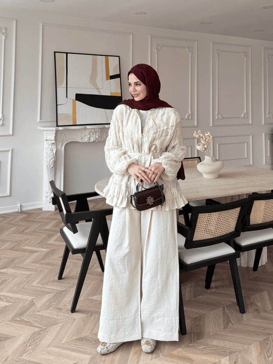 belted zipper crinkle jacket ,waistband wide leg trouser co-ord set