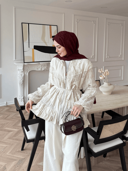 belted zipper crinkle jacket ,waistband wide leg trouser co-ord set