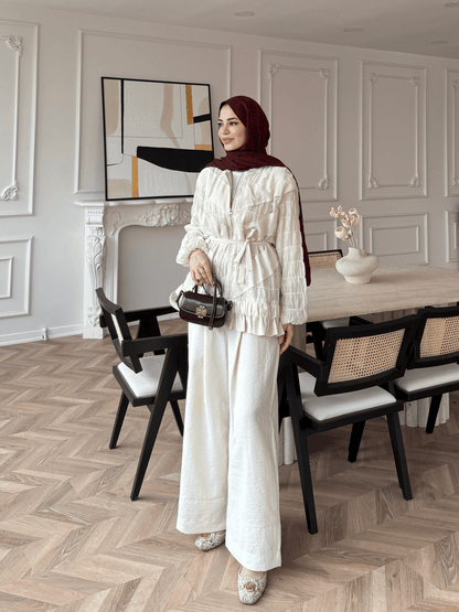 belted zipper crinkle jacket ,waistband wide leg trouser co-ord set