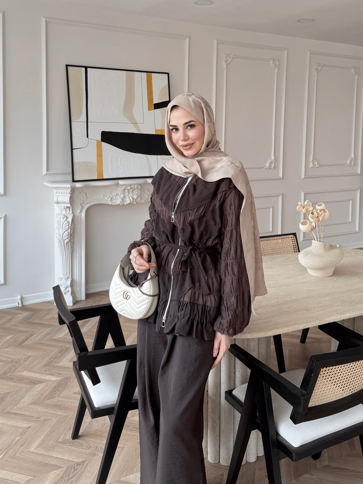 belted zipper crinkle jacket ,waistband wide leg trouser co-ord set